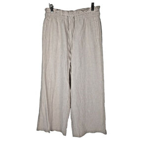 Sharagano Linen Blend Wide Leg Pants Size M Beige Striped Beach Lagenlook Casual